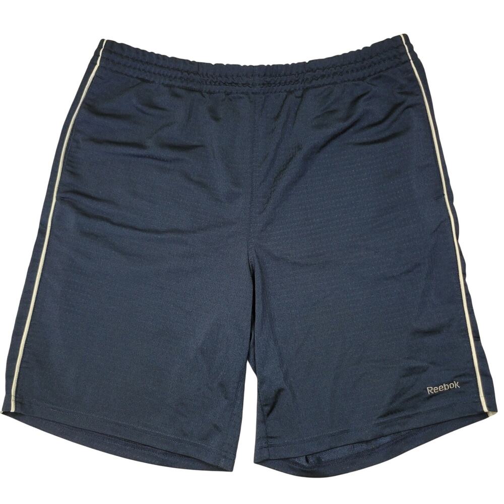 REEBOK Sport Shorts Blue White Gray Trim Drawstring Pockets 36" Waist 9" Inseam